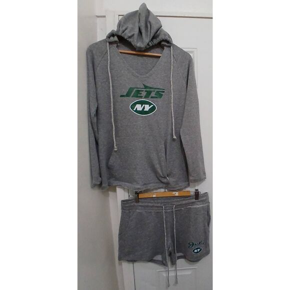 New york jets womens medium sweatshirt hoodie shorts set gray and green - Picture 1 of 7